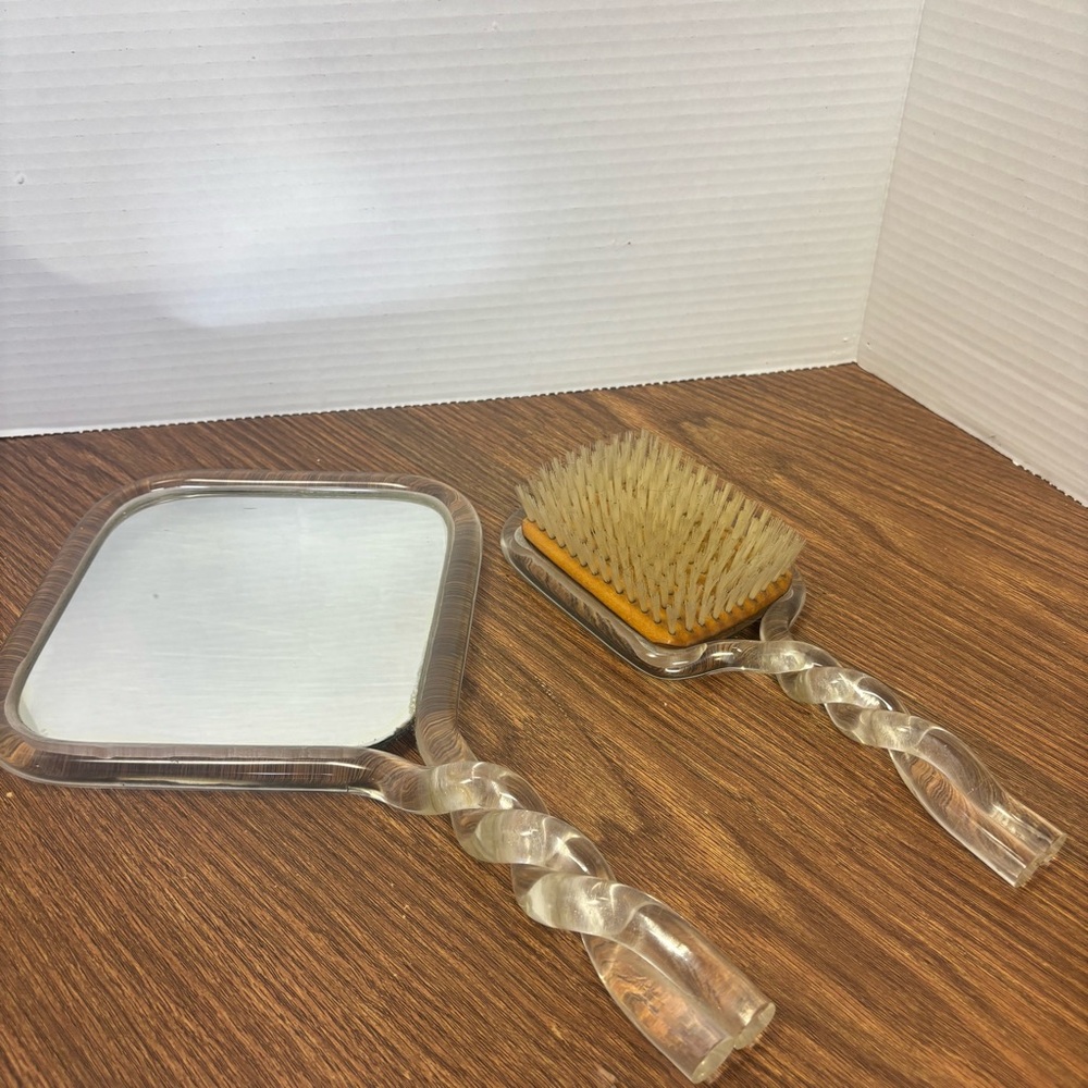 Vintage 1960s Lucite Twisted Handle Vanity Mirror & Hairbrush Set